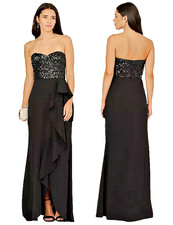 Adrianna Papell Black Strapless Sequin Crepe Ruffle Combo Gown Size 10 299