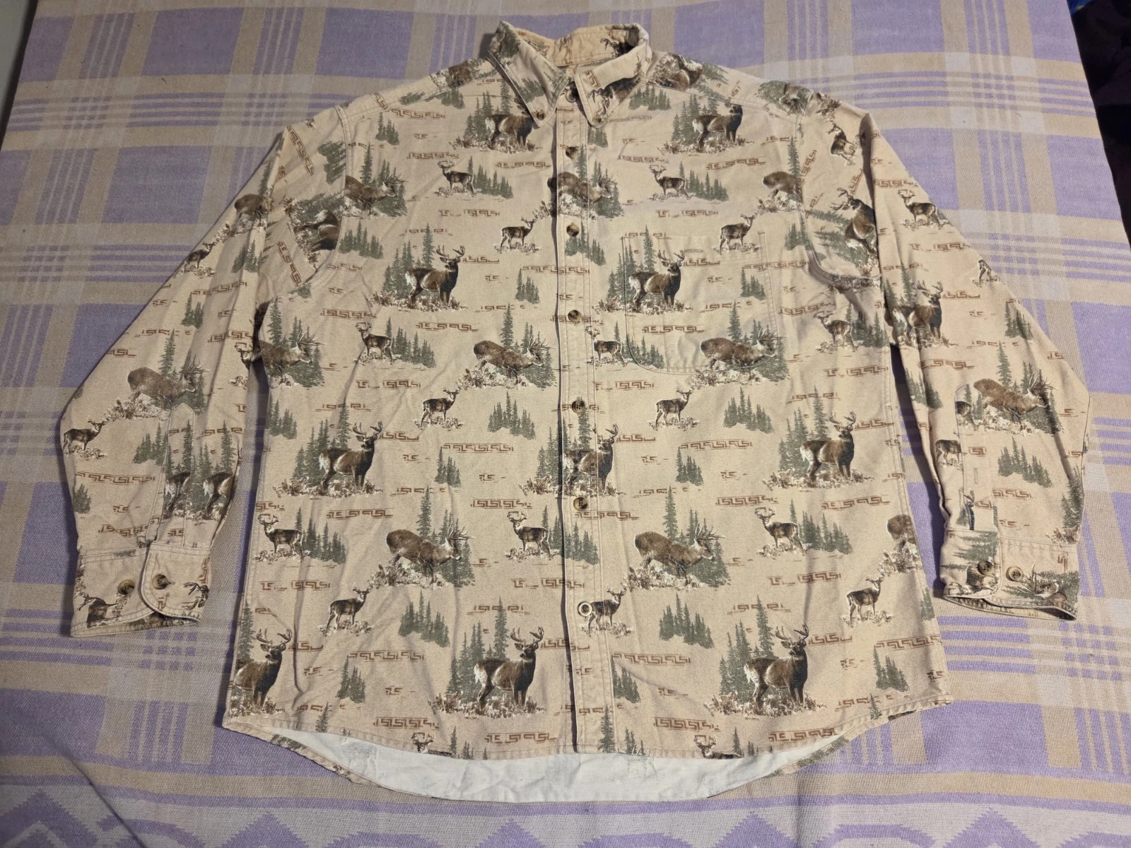 Vintage Cabelas Flannel Shirt Mens L Deer Print 90s Hunting Soft Cotton Retro
