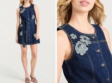 Women Cinq A Sept Round Neck Floral Tank Denim Mini Dress