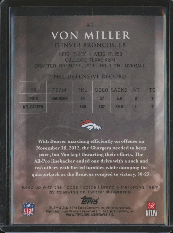 2014 Topps Valor VON MILLER #41 Valor Parallel /99 Denver Broncos JA824 - Image 2 of 2