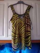 "RIVER ISLAND" SZ.14 SHEER SUNTOP.GREEN/BROWN.SLVELESS.ROUND NECK.NEW/TAGS