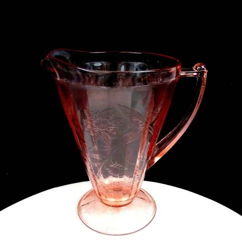 Jeannette Depression Glass Floral Poinsettia Pink 7 3/4"Footed 32oz Pitcher 1931