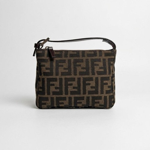 Fendi  Purse Pouch Mini Hand Bag Zucca Canvas Brown Black Authentic Good