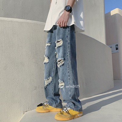 Zewool Heren Hip Hop Ripped Baggy Jeans Verwoeste Distressed Jeans Brede Been Skater Jeans Y2K Denim-broek, XS