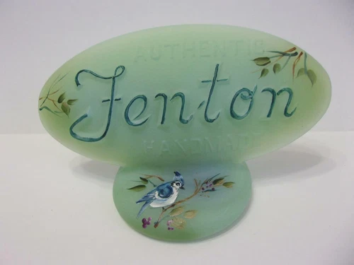 Fenton Glass Jadeite Green Logo Display Sign HP Blue Jay Bird Ltd Ed 31/51 Kibbe