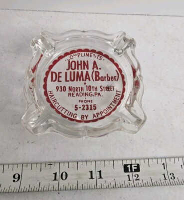 Vintage John A. De Luma Barber Reading PA Hairdresser Advertising Glass Ashtray