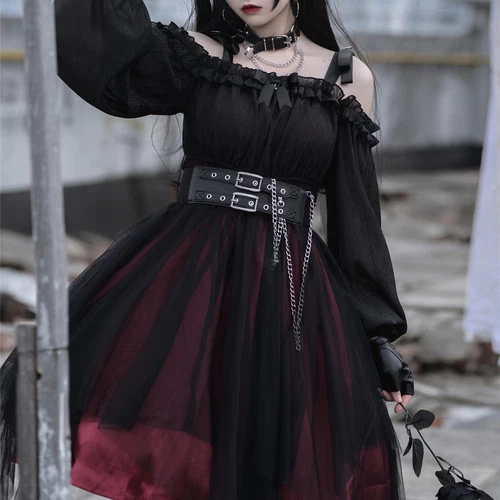 Abito donna gotico maglia con volant manica a sbuffo Lolita steampunk cosplay irregolare rosso - Foto 9 di 17