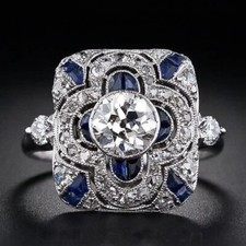 Vintage Style Ring Blue And White Sapphire Gemstone Ring For Women US SIZE 7