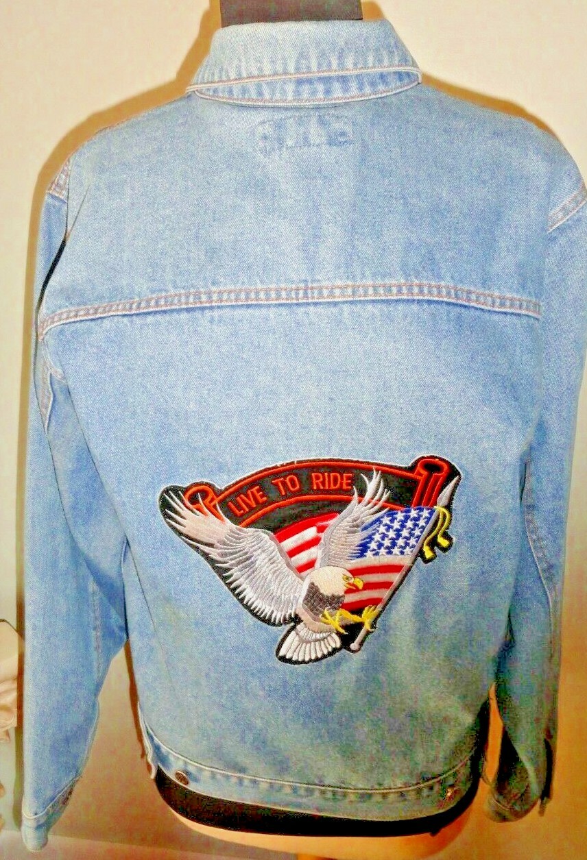 Vtg. Luna Pier Denim Jacket Biker & Eagle Patches Mot… Gem