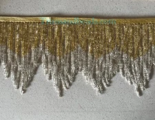 By yard-6" GOLD/SILVER Ombré Glass BUGLE Beaded Fringe CHEVRON Trim Variegated