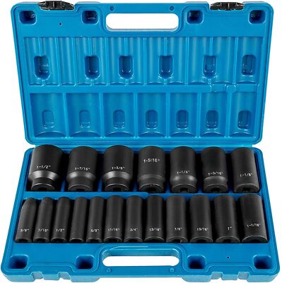 Impact Socket Set 1/2 Inches 19 PCS, 3/8'' to 1-1/2'' SAE 6-Point Hex Sockets