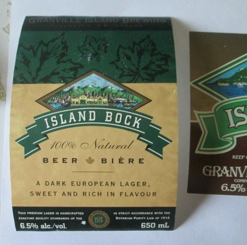 2 VINTAGE CANADA BEER LABEL ISLAND BOCK GRANVILLE ISLAND BREWING VANCOUVER - Picture 2 of 6