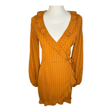 PrettyLittleThing Size 4 Burnt Orange Polka Dot Balloon Sleeve Wrap Shift Dress
