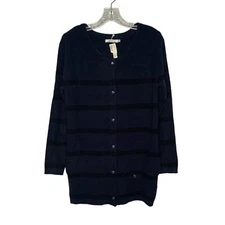 FRNCH Blue + Black Striped Snap Front Long-Sleeve Cardigan Sweater NWT Size M/L