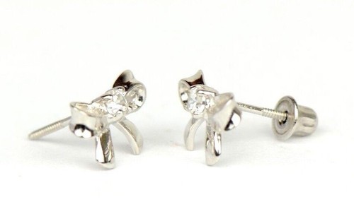 14k Solid White or Yellow Gold Bow Tie Stud Earrings with CZ - Picture 8 of 10