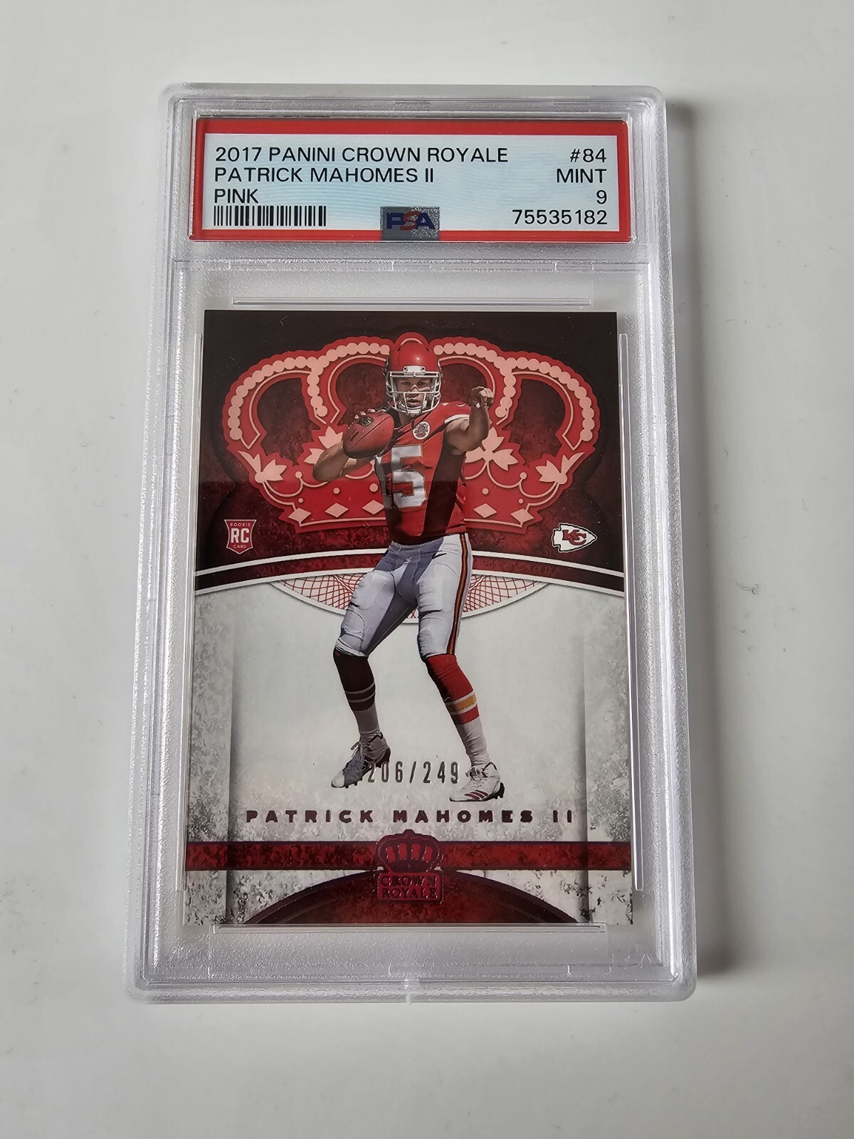 2017 Crown Royale Patrick Mahomes RC PINK /249 PSA 9 Mint #84 Chiefs LOW POP