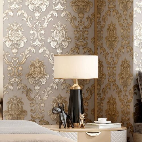 Beige-grey Gold Textured Luxury Classic 3D Damask Wallpaper Bedroom Home Decor - Picture 1 of 6