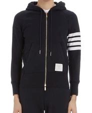 Thom Browne Full Zip Hoodie With Engineered 4-bar In Classic Loop Navy Sz 1 (S)