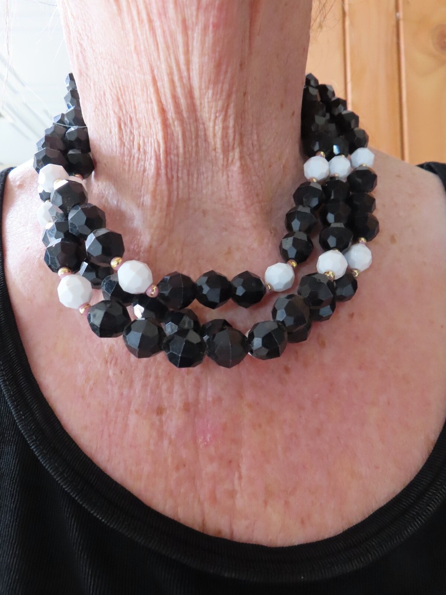 Vintage 1960s Triple Strand Black & White Bead Chunky Necklace | eBay