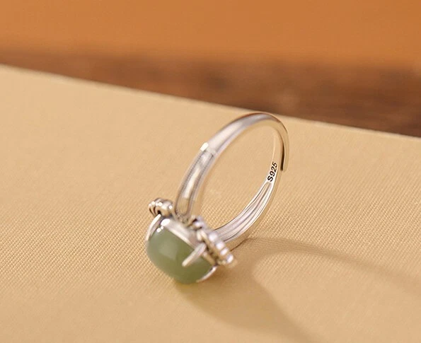 F02 Anello Luminoso Verdastro Giada Di Rami Incorniciato Argento Sterling 925 - Immagine 4 di 4