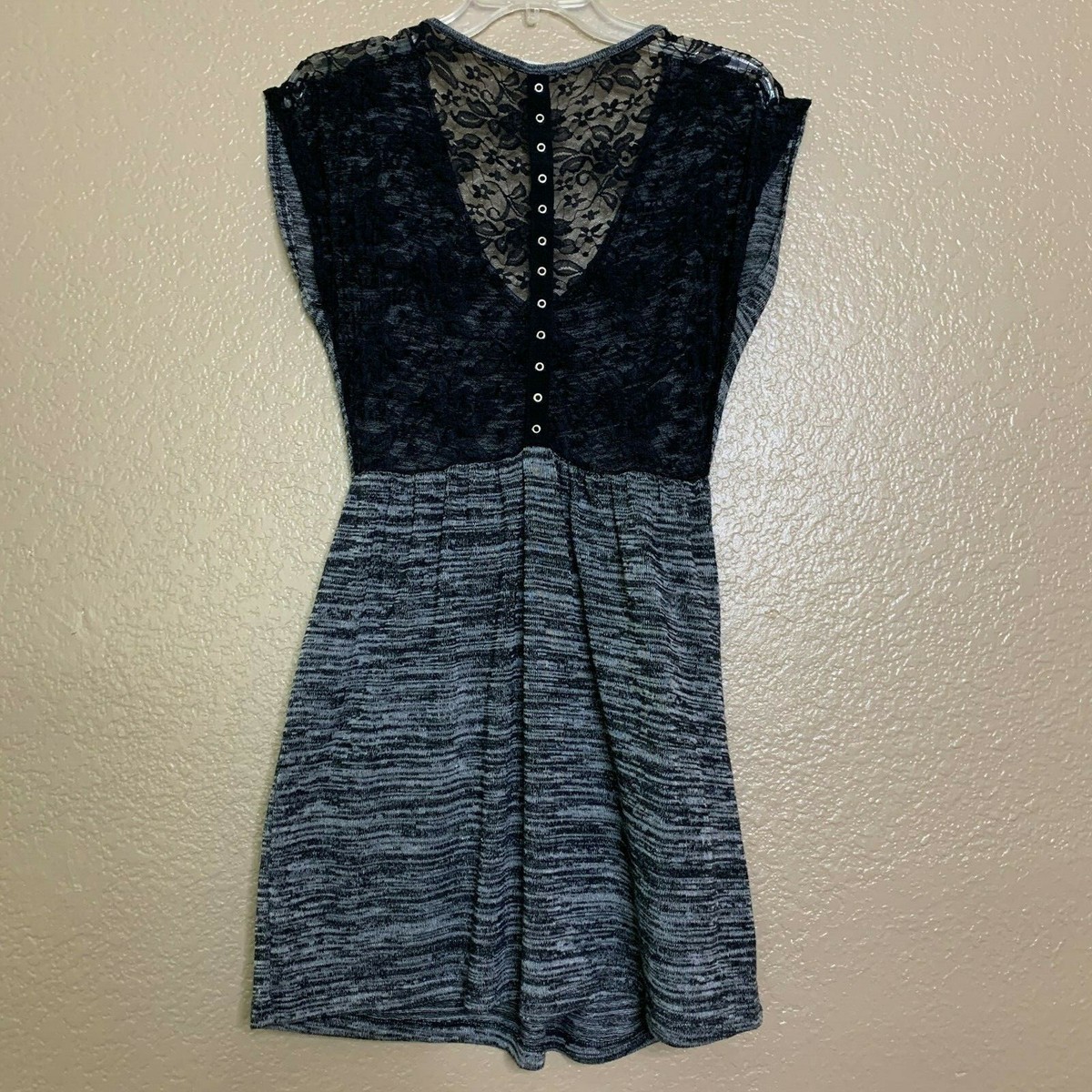 Tea N Rose Dress L Size Black Lace Gray Heathered Knit Laced Back