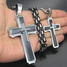 Huge Heavy Big Men's 3 Layer Stainless Steel Cross Pendant Necklace Silver/Black