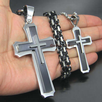 #ad #ad Huge Heavy Big Men#x27;s 3 Layer Stainless Steel Cross Pendant Necklace Silver Black $22.49