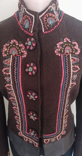 Kenzo Damen Blazer braun Wolle Leder bestickt Größe Medium - Bild 4 von 11