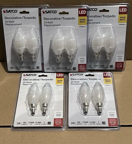 Satco S21818 LED Torpedo Light Bulb 3W=25W Frost E12 ( 10 Bulbs Total ) New - Picture 2 of 4