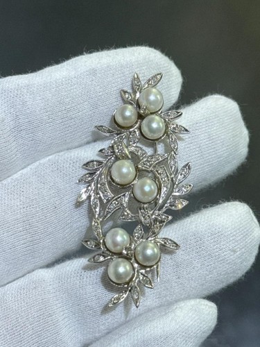 14k Oro Bianco Naturale Diamanti Perla Design Vintage Spilla Fatto a Mano Regalo - Foto 2 di 12