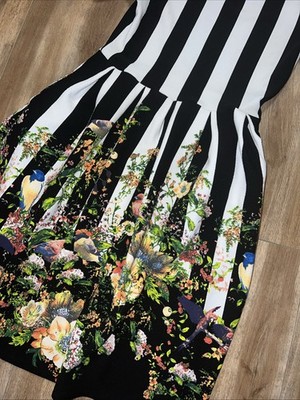 LuLaRoe Secret Garden Birds Stripe Amelia Dress Pleated Pockets medium 10/12 8