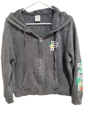 PINK Victoria's Secret Hoodie Gray Acid Wash Tropical Floral Logo Zip Up XL