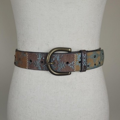 Fossil Belt Lg Brown Leather Paisley Studded Boho Western Rustic Hippie Studded