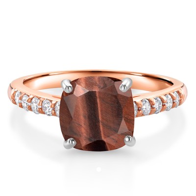 10K Rose Gold Red Tiger Eye and White Lab Grown Diamond Engagement Ring For