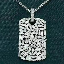 14K White Gold Plated 2Ct Baguette Cut Lab Created Diamond Dog Tag Pendant