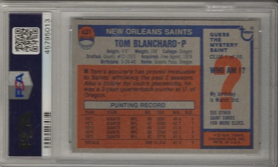 1976 TOPPS FOOTBALL ~ TOM BLANCHARD #431 ~ PSA 8 ~ NEW ORLEANS SAINTS - Image 2 of 2