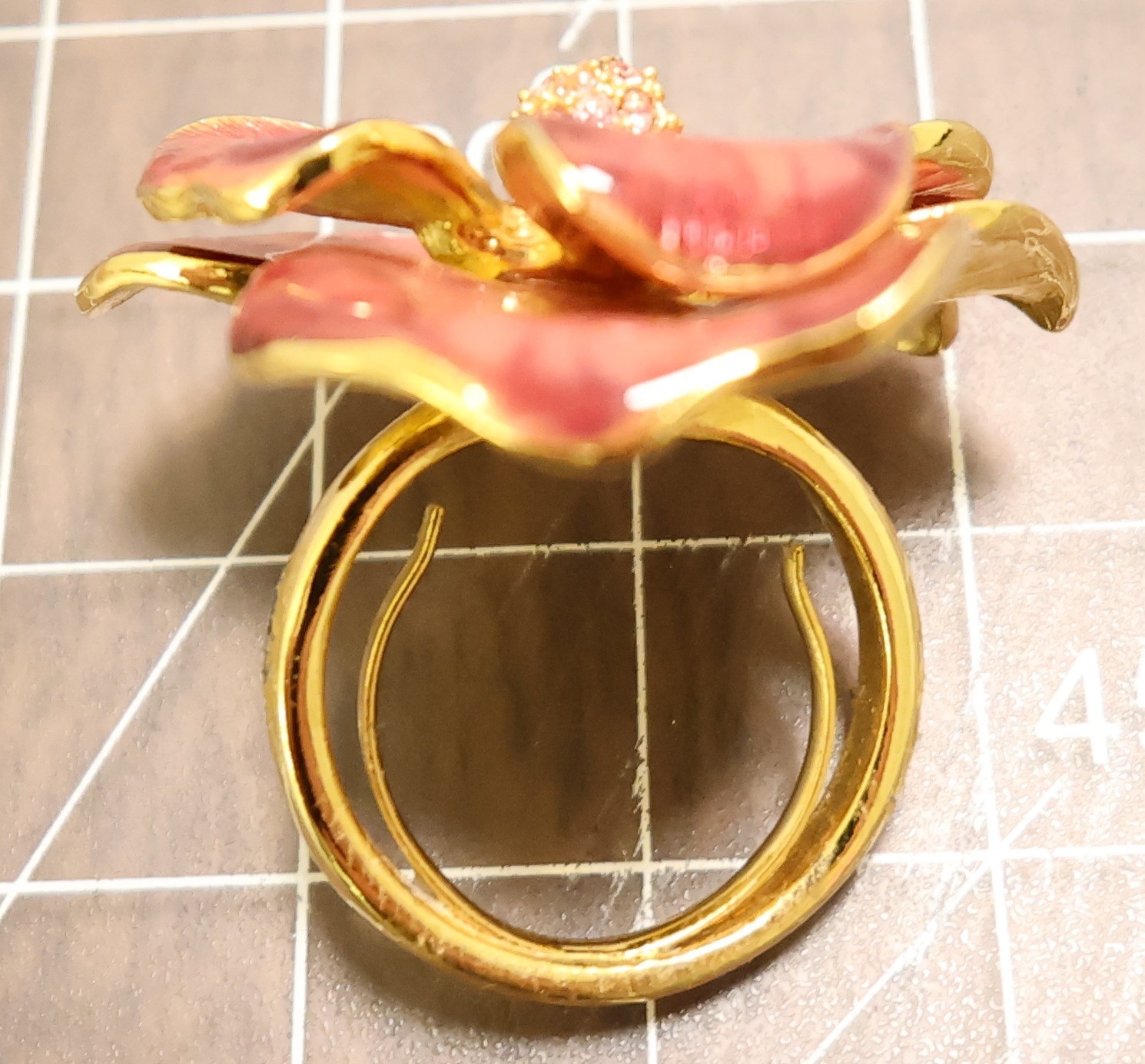 Kenneth Jay Lane ring Gold Blush enamel flower pink crystals goldtone adjustable