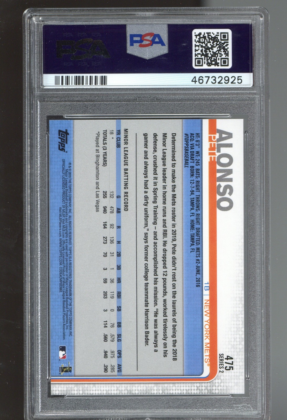 2019 Topps #475 Pete Alonso PSA 10 ROOKIE RC view 2