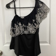 Maurices Black W/White Lace One Shoulder Blouse Tank Shirt Top Sz. M