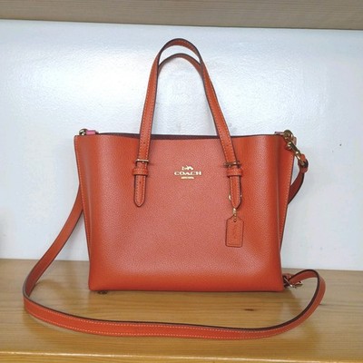 COACH C4084 Small Mollie Tote 25 Cross grain Leather Mango/Wine Bag 