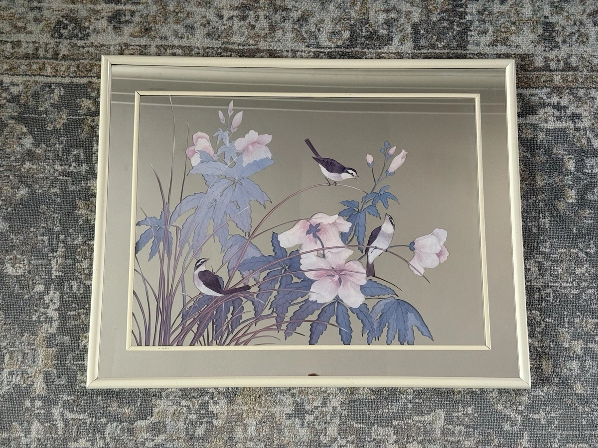 Vintage MCM Marsel Mirror with a Etched Floral & Bird Design in a White Frame