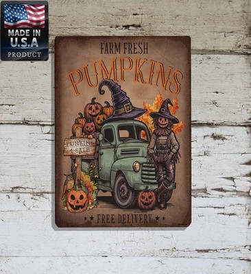 Farm Fresh Pumpkins Scarecrow Fall Halloween 9''x12'' Metal Sign Wall Decor Plaque