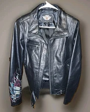 Harley Davidson Leather Jacket Women's Large Rose Tattoo & Embroidery 