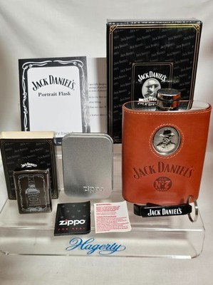2005 Zippo Jack Daniels Old No. 7 Lighter Etched PLUS Flask With Brown Leather!