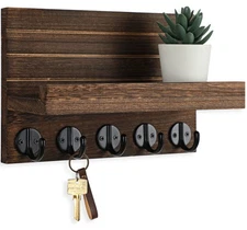 Wall Key & Mail Holder with Shelf, Large Hooks for Bags & Coats, Wood, Brown