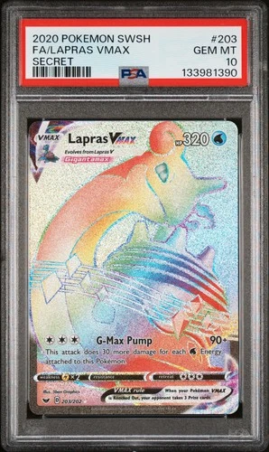 2020 POKEMON SWORD & SHIELD SECRET #203 FULL ART/LAPRAS VMAX PSA 10