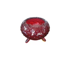 L.E. Smith Amberina Hobnail Round Glass Scalloped Rim 3 Footed Candy Dish