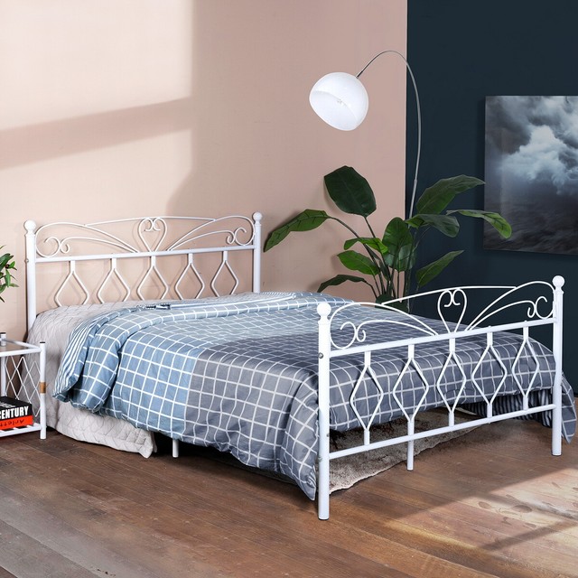 Full Size White Metal Bed Frame Platform Headboard Footboard