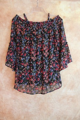 BCX BLACK RED BLUE GOLD FLORAL JUNIORS COLD SHOULDER BLOUSE TOP SZ M NWOT DHA411