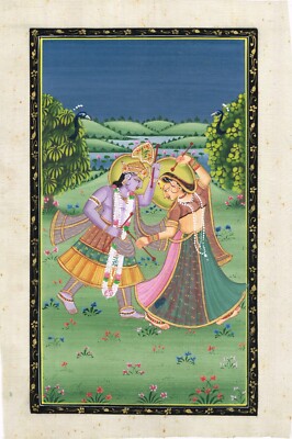 Radha Krishna Gemälde Von Radha Krishna Tanzende Kunst Auf Seidenstoff 7x11 Zoll